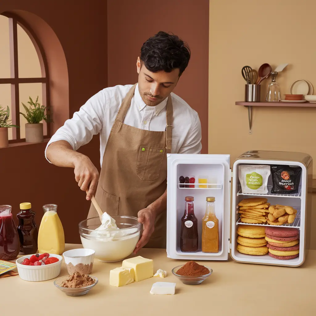a baker baking cake with all baking items